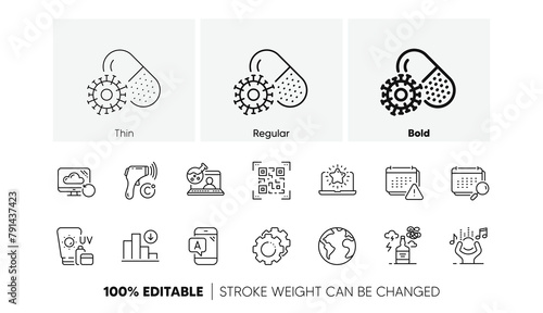Coronavirus pills, Notification and Decreasing graph line icons. Pack of Electronic thermometer, Recovery cloud, World planet icon. Calendar, Sunscreen, Alcohol addiction pictogram. Line icons. Vector