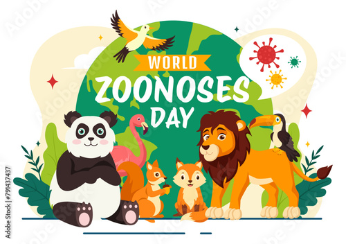 World Zoonoses Day Vector Illustration on 6 July with Various Animals and Plant which is in the Forest to Protect in Flat Cartoon Background Design