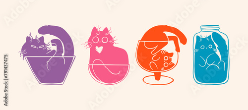 Set of silhouette cats in various glass forms and colors. Vector illustration.