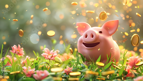 Happy piggy bank sees gold coins falling against a natural background.