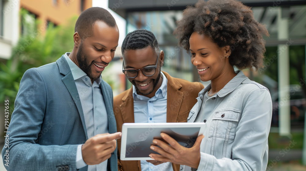Fototapeta premium Close-up of a couple and a realtor using a tablet outside the office