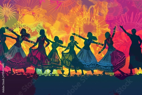 Silhouettes of people performing garba, a traditional dance, against a bright backdrop of fireworks and festive colors