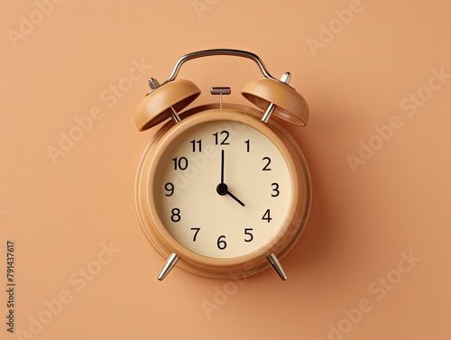 alarm clock on tan blue background Minimalistic flat lay,with copy space for photo text or product, blank empty copyspace banner about time management and selfamplement concept. 