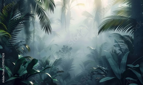 tropical trees and leaves wallpaper design in foggy forest - 3D illustration  Generative AI