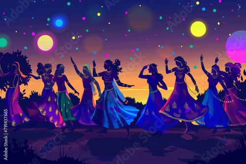 Illustration showcasing the dynamic and colorful garba dance during the festive nights of Navratri
