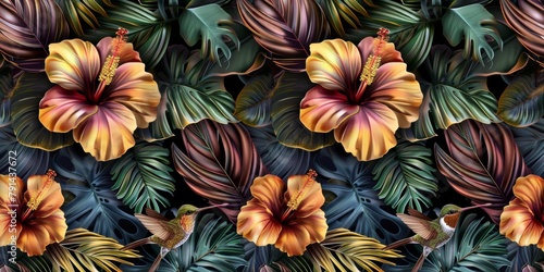 Gold hibiscus flowers bouquets  protea flowers  banana leaves  palm  hummingbirds. Tropical exotic vintage seamless pattern. Hand-drawn 3D illustration. Good for luxury wallpapers  cloth Generative AI