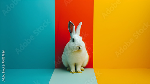 Bunny easter rabbit stand up on two legs, sniffing, looking around on colorful screen background. Happy white bunny rabbit animal symbol to celebrate Easter holiday and spring coming. photo