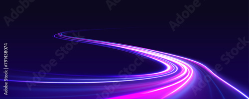 Light and stripes moving fast over dark background. Concept of leading in business, Hi tech products, warp speed wormhole science vector design.	