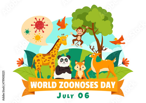 World Zoonoses Day Vector Illustration on 6 July with Various Animals and Plant which is in the Forest to Protect in Flat Cartoon Background Design