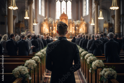Relatives making Funeral ceremony Scene with coffin in church mourning generative AI