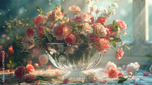 A bouquet of fresh-cut flowers arranged in an ornate crystal vase, their vibrant colors and delicate petals infusing the room with fragrance and beauty, a timeless gesture of love and appreciation.