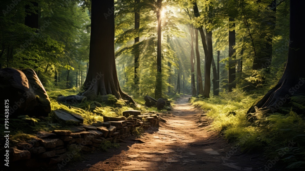 Fototapeta premium Front view of a vibrant forest path, with sunlight filtering through dense foliage, highlighting the beauty of natural ecosystems