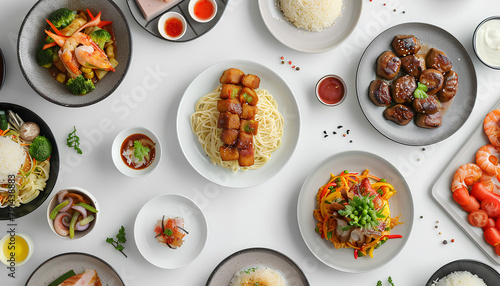 Collage of plates with tasty dishes on white background