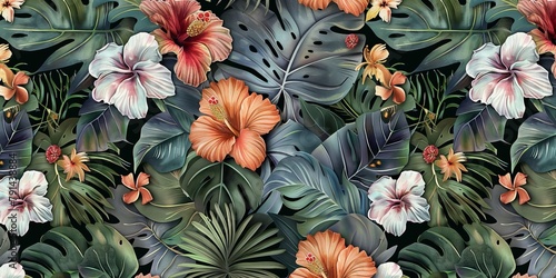Tropical seamless pattern with exotic leaves, strelitzia flowers, hibiscus and plumeria. Vintage texture, floral background. Dark watercolor 3d illustration. For luxury wallpapers, Generative AI photo