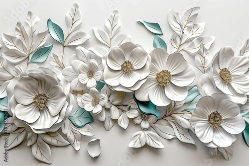 3d mural illustration flowers white background   wallpaper  Generative AI