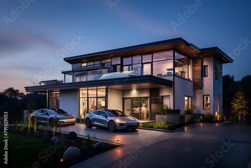 3d rendering of a modern house with solar panels on the roof