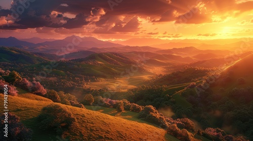 A breathtaking vista of rolling hills and verdant valleys, bathed in the soft glow of a setting sun, with vibrant hues of orange and pink painting the sky,