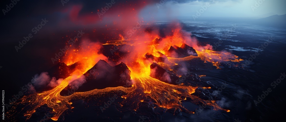 Aerial shot capturing the expansive reach of lava from a freshly erupted volcano