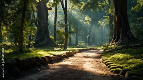 Front view of a vibrant forest path  with sunlight filtering through dense foliage  highlighting the beauty of natural ecosystems
