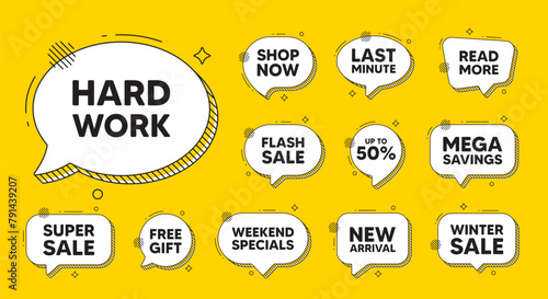 Offer speech bubble icons. Hard work tag. Job motivational offer. Gym workout slogan message. Hard work chat offer. Speech bubble discount banner. Text box balloon. Vector