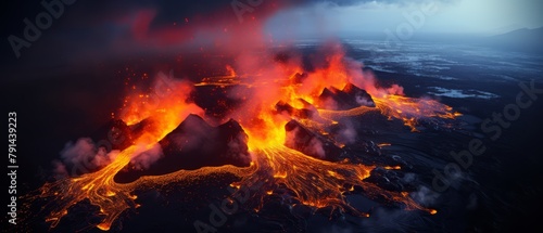 Aerial shot capturing the expansive reach of lava from a freshly erupted volcano © FoxGrafy