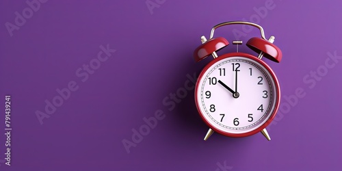 alarm clock on violet background Minimalistic flat lay,with copy space for photo text or product, blank empty copyspace banner about time management and selfamplement concept. 