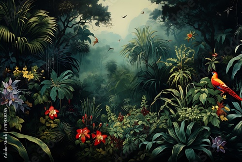 Fototapeta Naklejka Na Ścianę i Meble -  Tropical jungle landscape with parrots and flowers, 3d illustration