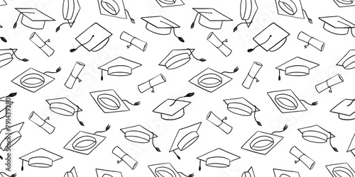 Seamless pattern with graduate hat and diploma scroll . Hand drawn university caps repeat backdrop. Academic hat line background © Elena