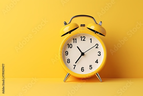 alarm clock on Yellow background Minimalistic flat lay,with copy space for photo text or product, blank empty copyspace banner about time management and selfamplement concept. 