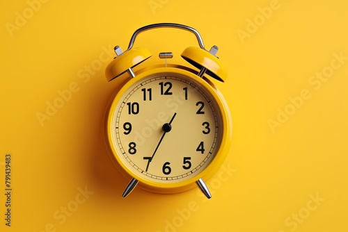 alarm clock on Yellow background Minimalistic flat lay,with copy space for photo text or product, blank empty copyspace banner about time management and selfamplement concept. 