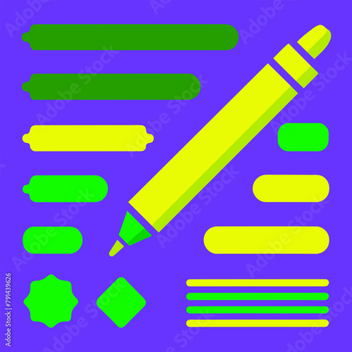 Yellow highlighter elements. Acid highlighters markers. Flat style. Vector illustration