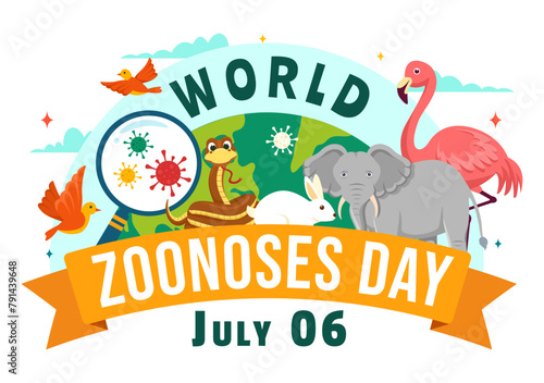 World Zoonoses Day Vector Illustration on 6 July with Various Animals and Plant which is in the Forest to Protect in Flat Cartoon Background Design