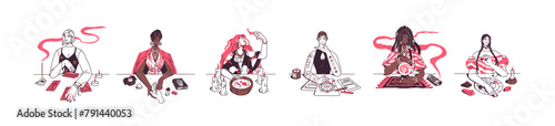 Fortune teller set. Fortunetellers predict destiny: tarot cards, palmistry, natal chart. Women telling future. Divination with candles, magic ball. Flat isolated contour vector illustration on white