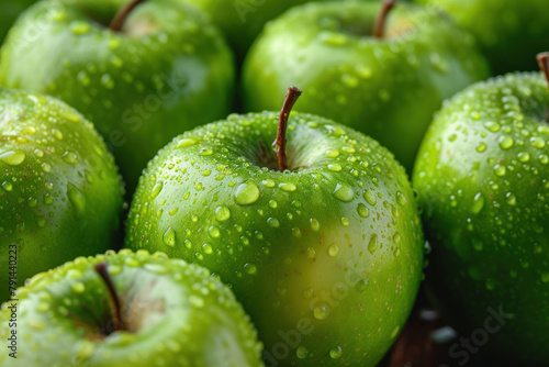 Fresh juicy green delicious apples. Raw food diet and veganism fruit products. Healthy organic food. Green apples closeup with water drops