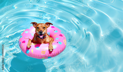 Happy dog  swimming inside donut shaped pink inflatable pool ring, looking at camera, relaxing summer vibes