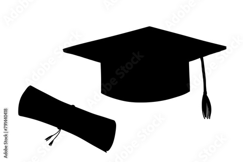 Graduate hat and diploma silhouette. Hand drawn university cap.