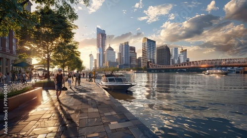 A bustling city riverfront with historic bridges, waterfront promenades, and boats gliding along the water, where people gather to stroll, relax, and take in the scenic views of the urban skyline. photo