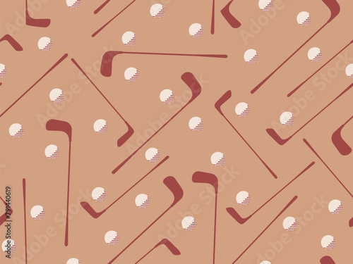 Seamless pattern with golf clubs and balls. Golf putter and a golf ball in a minimalist style. Design for typography, banners and posters, promotional items. Vector illustration