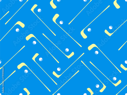 Seamless pattern with golf clubs and balls. Golf putter and a golf ball in a minimalist style. Design for typography, banners and posters, promotional items. Vector illustration