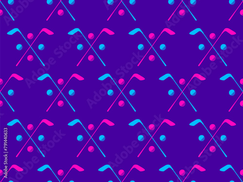 Seamless pattern with colorful golf clubs and balls. Golf putter and a golf ball in a minimalist style. Design for typography, banners and posters, promotional items. Vector illustration