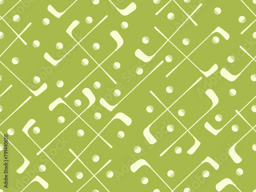 Seamless pattern with golf clubs and balls. Golf putter and a golf ball in a minimalist style. Design for printed, banners and posters, promotional items. Vector illustration