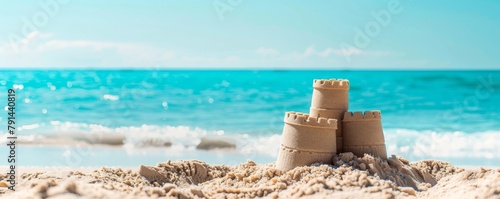 Captivating beach scene featuring a prominent sandcastle with turquoise waves and sparkling sunlight © Fat Bee
