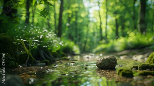 Serene forest stream with lush greenery and sunlit peaks in a tranquil setting