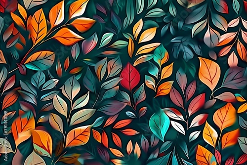 Wall hanging branches seamless pattern leaves fall with bright color flowers illustration background. 3d abstraction wallpaper for interior mural wall  Generative AI