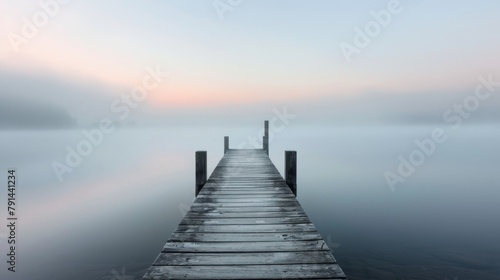 Serene sunrise over a foggy lake with a wooden pier extending into the mist