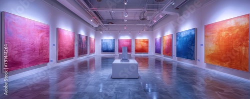 Colorful modern art gallery with large abstract paintings on display