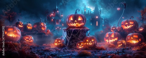 Spooky Halloween night scene with glowing pumpkins and misty haunted castle