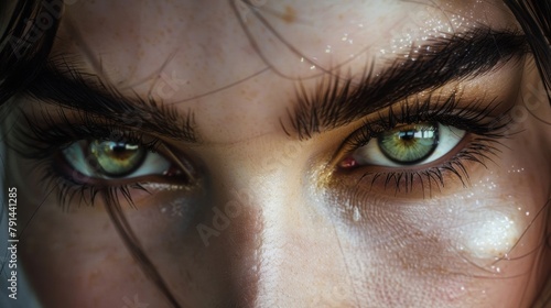 Heavy dark eyebrows lend a serious and intense expression to the face accentuating the piercing gaze of hazel eyes. .