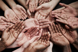 Diversity, together and group of hands for unity, collaboration or support in society or community. Team building, friends and palms of people with growth, synergy or connection for charity for poor.