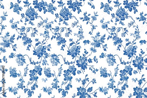 Traditional blue floral motifs on a white canvas, ideal for chic interior decorations..Vintage French Blue Floral digital paper, white background, seamless Pattern